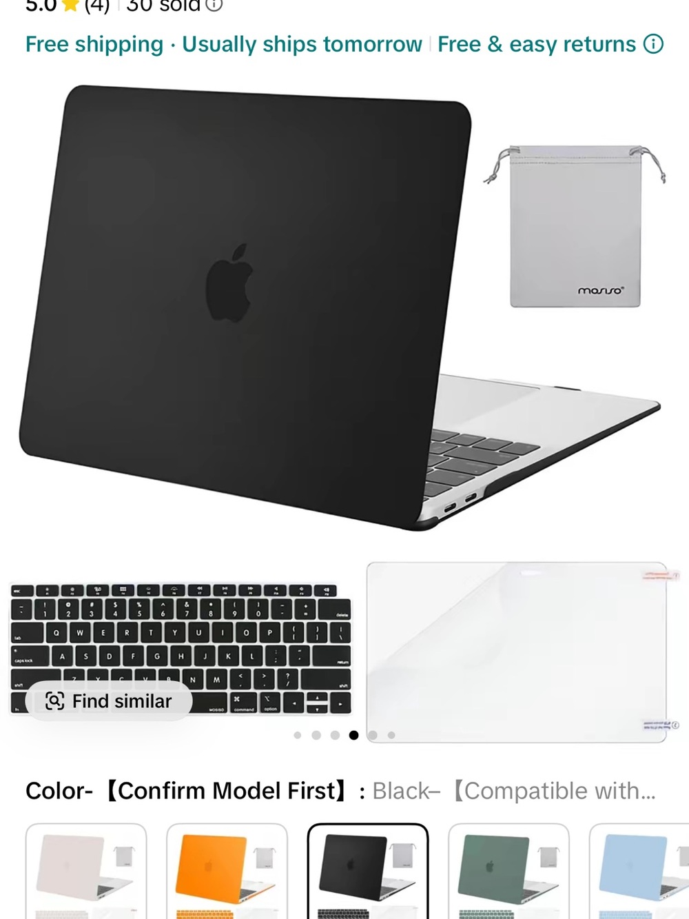 Black Laptop Protective Case & Keyboard Cover for Apple MacBook